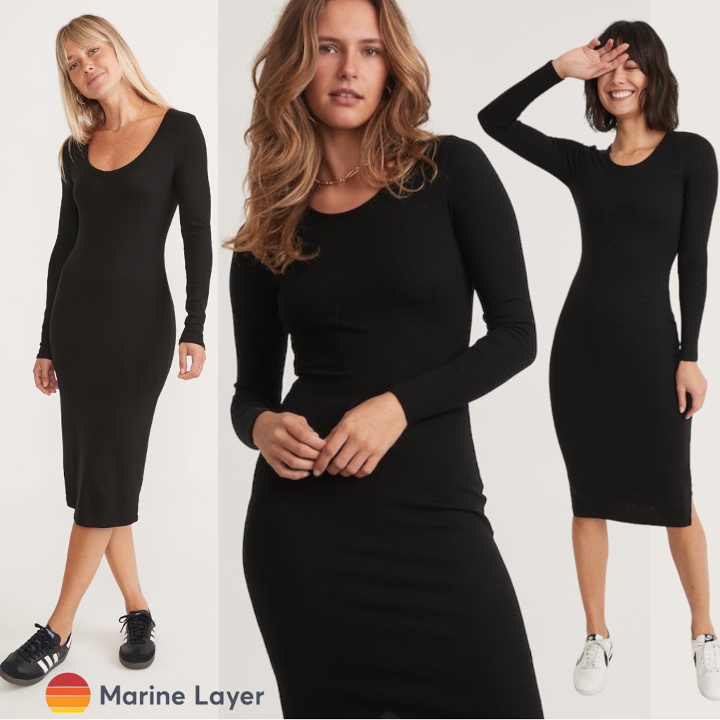 Marine Layer Lexi Rib Long Sleeve Midi Dress In Black Size Xs